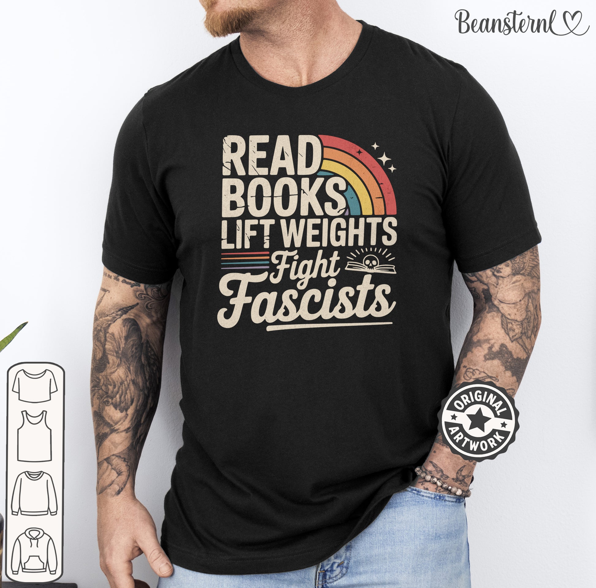 Read Books Lift Weights Fight Fascists retro protest t-shirt with bold typography