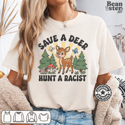 Person wearing a t-shirt with a graphic of a deer and text 'Save a deer, hunt a racist' with 'Beanster.nl' branding.
