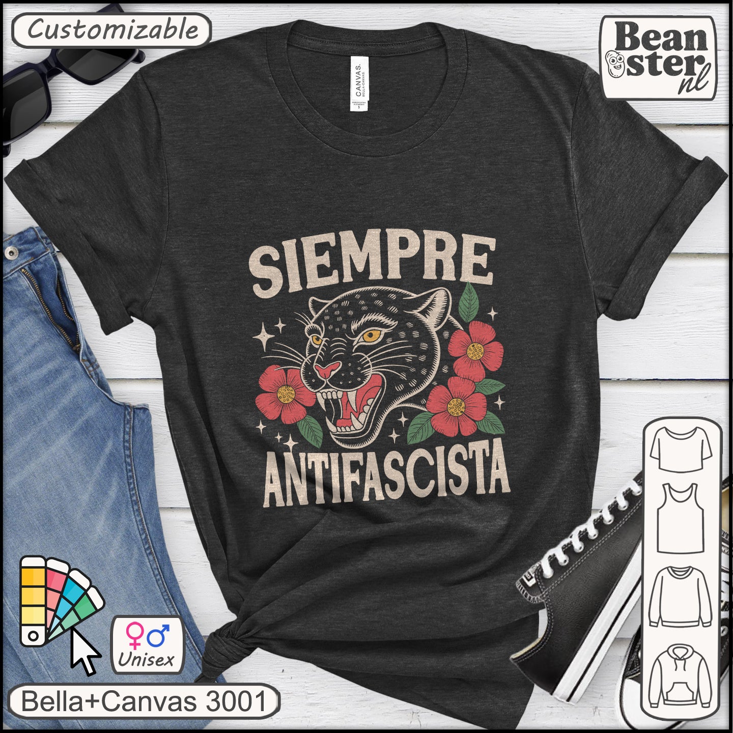 Black t-shirt with a panther graphic and text on a white background