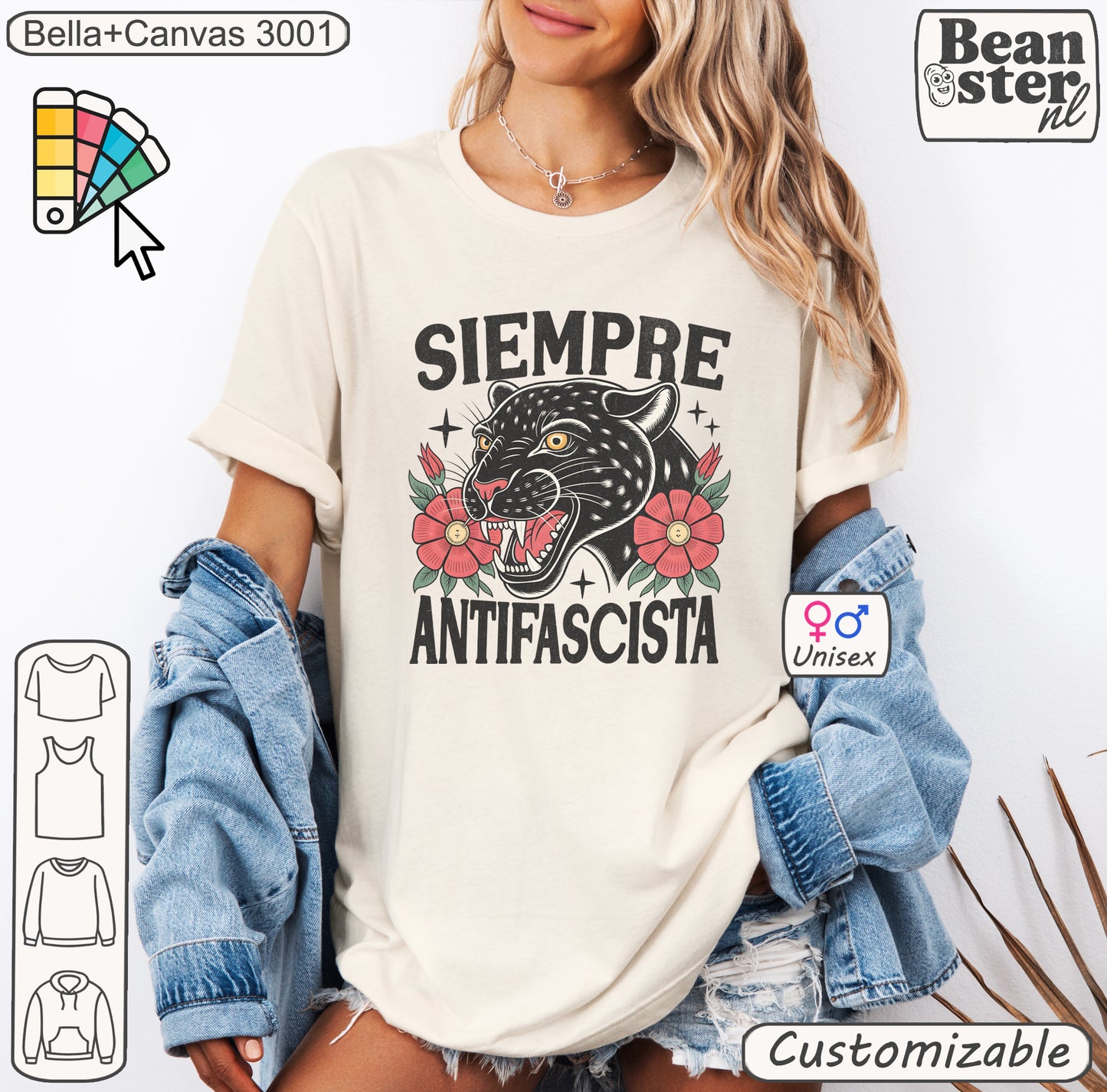 Floral Black Panther Siempre Antifascista Shirt close-up