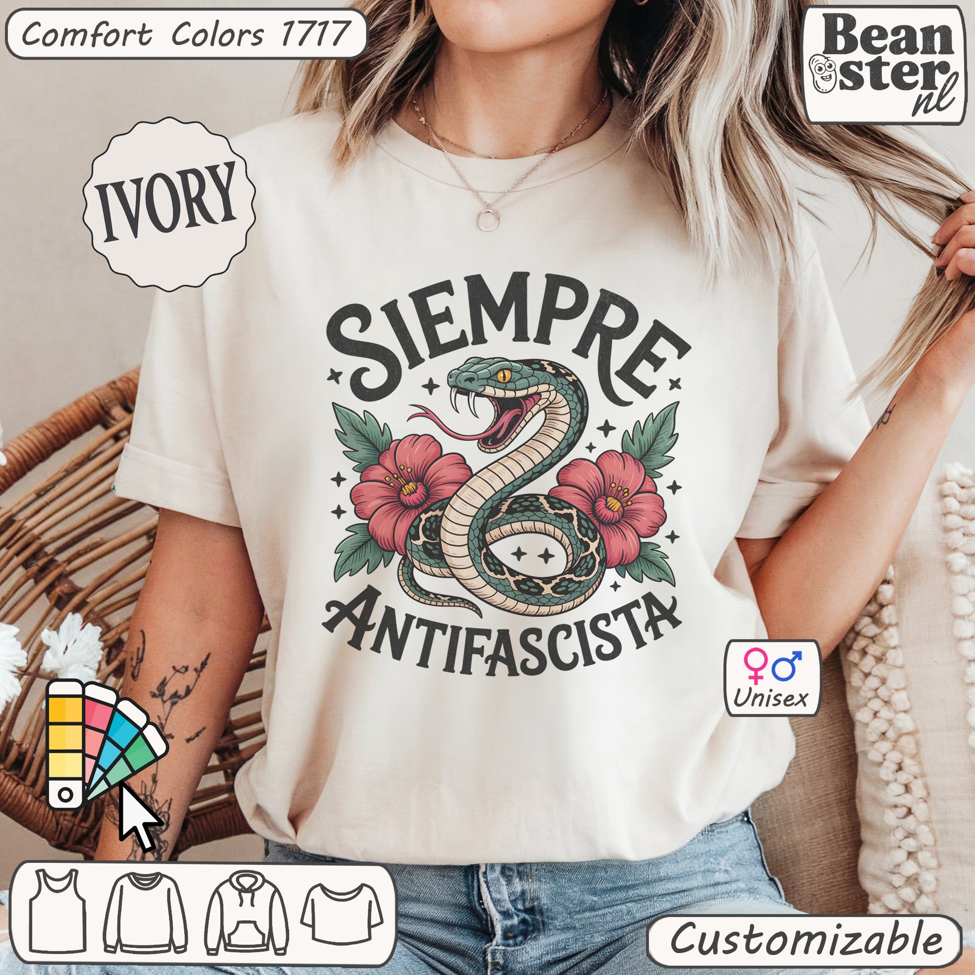 Siempre Antifascista floral snake shirt with retro protest design