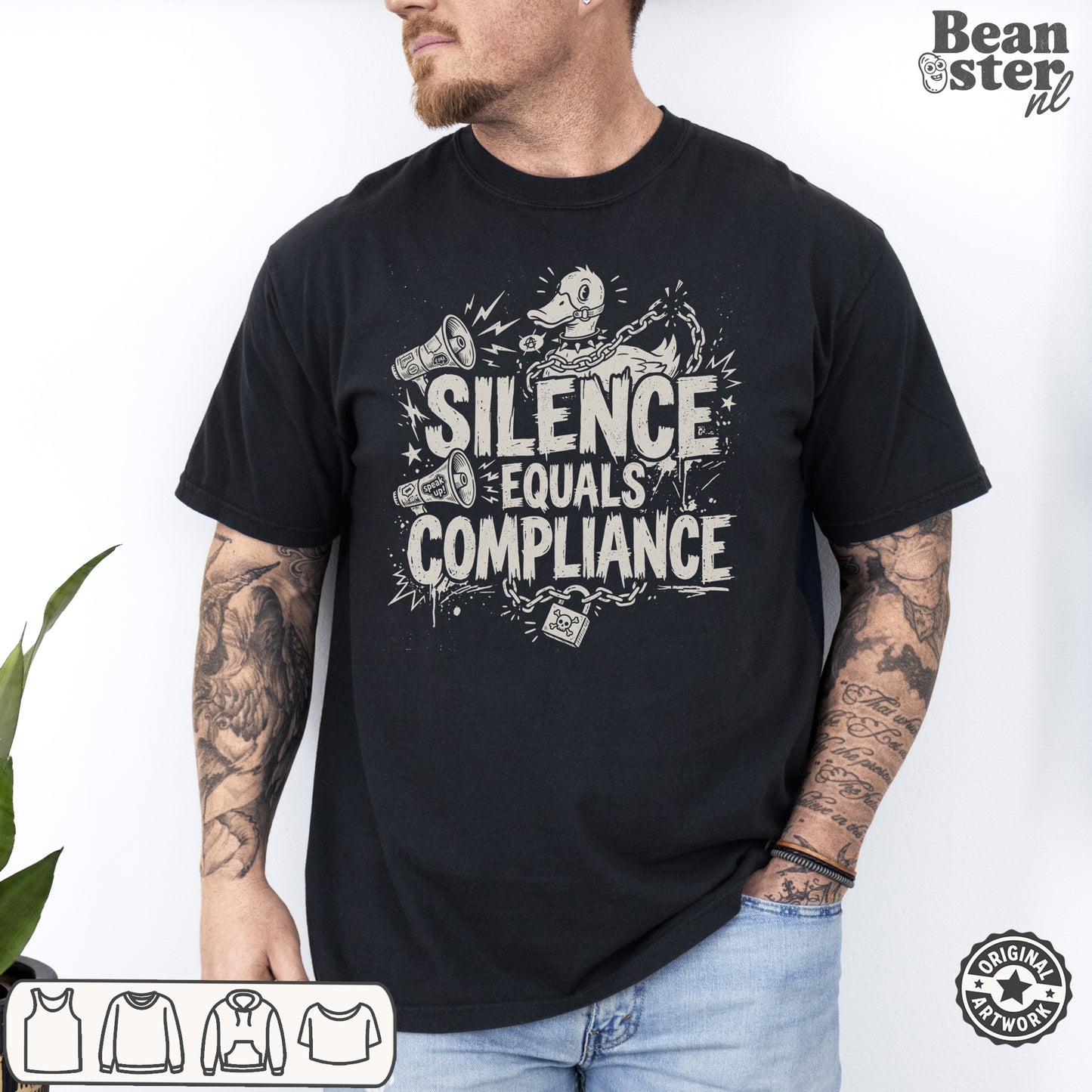 Silence Equals Compliance protest t-shirt with bold activist message