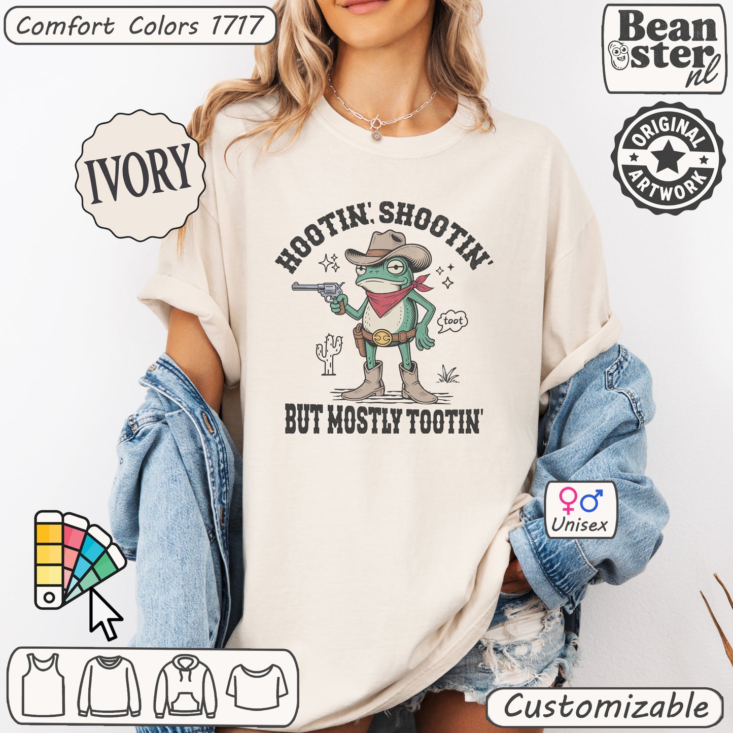 Silly frog hootin shootin tootin graphic on Comfort Colors shirt