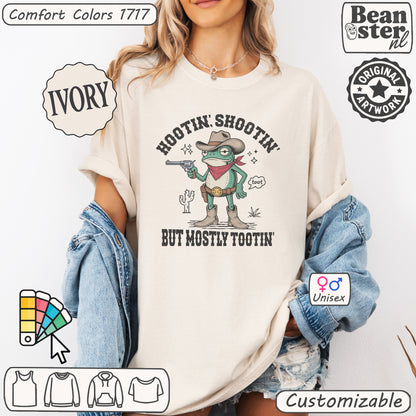 Silly frog hootin shootin tootin graphic on Comfort Colors shirt