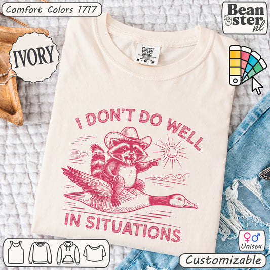 Silly raccoon and goose graphic on humorous meme shirt