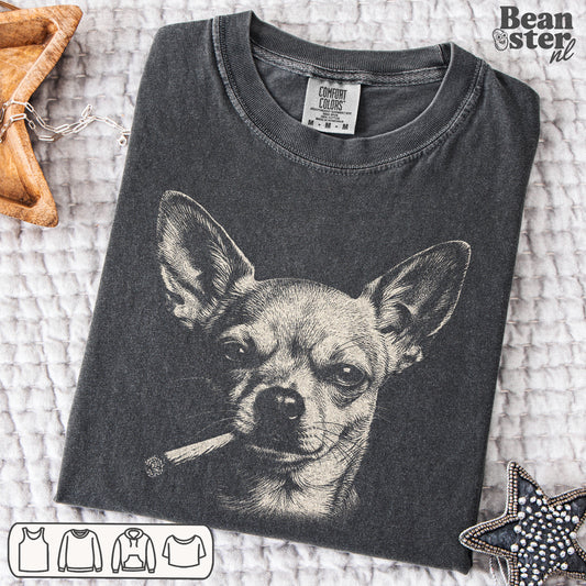 Smoking Chihuahua graphic t-shirt featuring bold humorous dog illustration in streetwear style