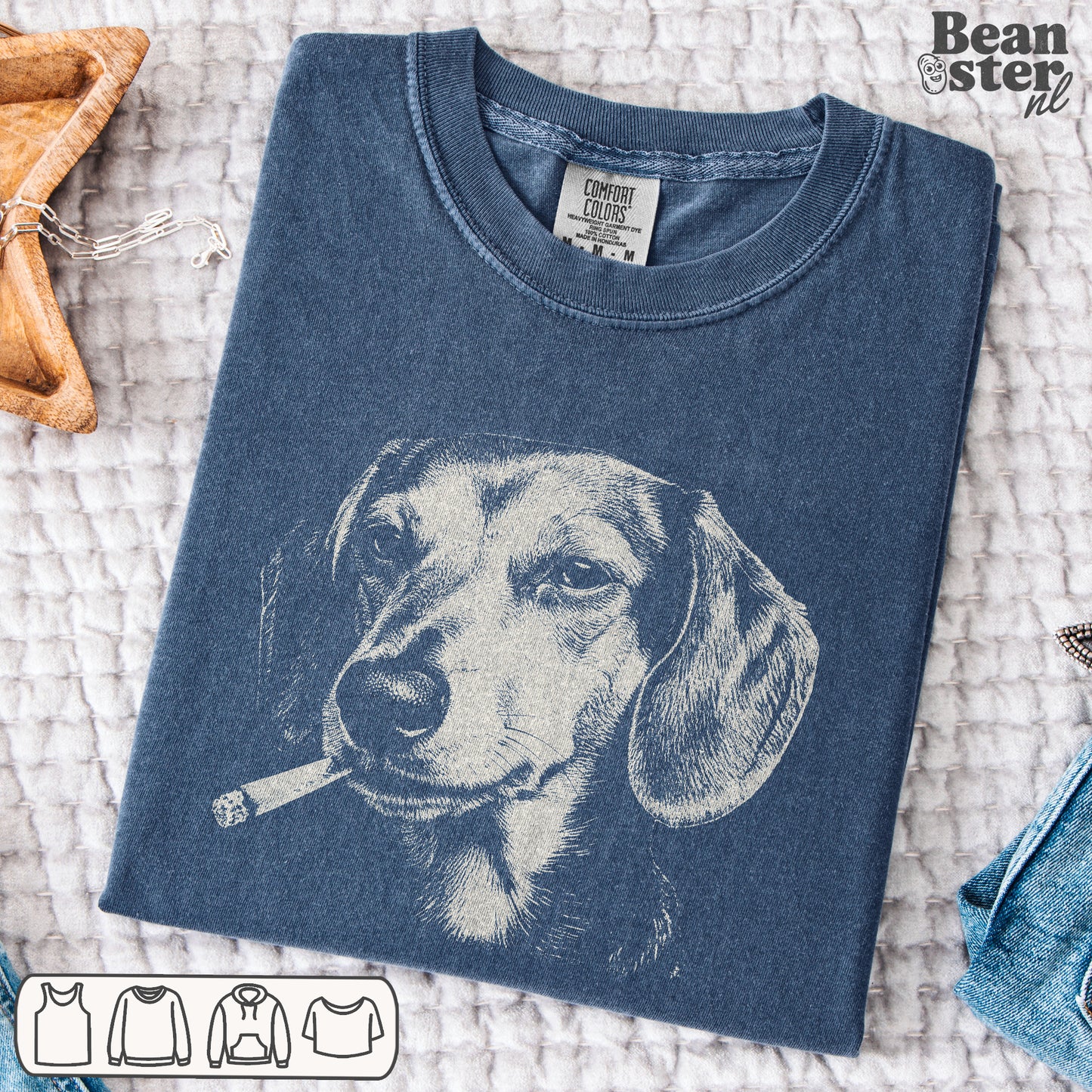 Smoking dachshund graphic tee original design illustration on unisex t-shirt