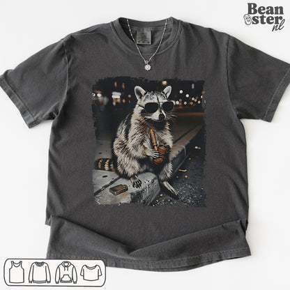 Funny raccoon meme shirt with vintage photo of raccoon smoking a bong