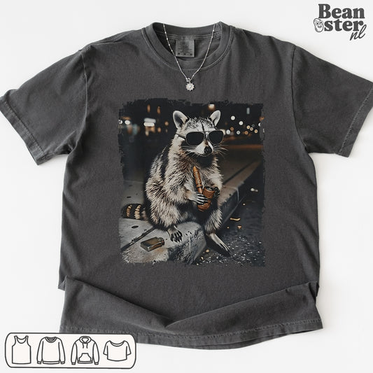 Funny raccoon meme shirt with vintage photo of raccoon smoking a bong