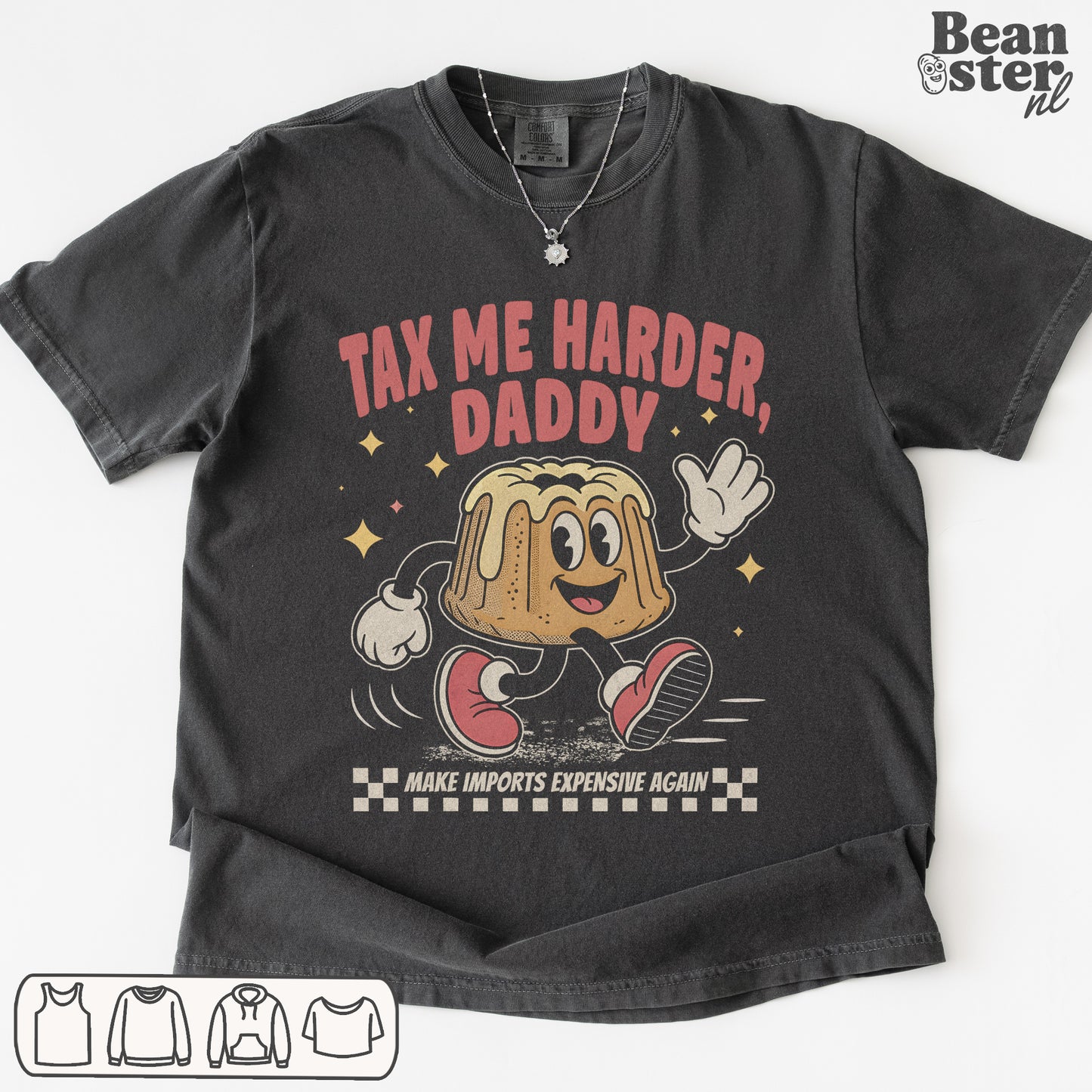 Black t-shirt with cartoon character and text 'Tax Me Harder, Daddy' on a white background