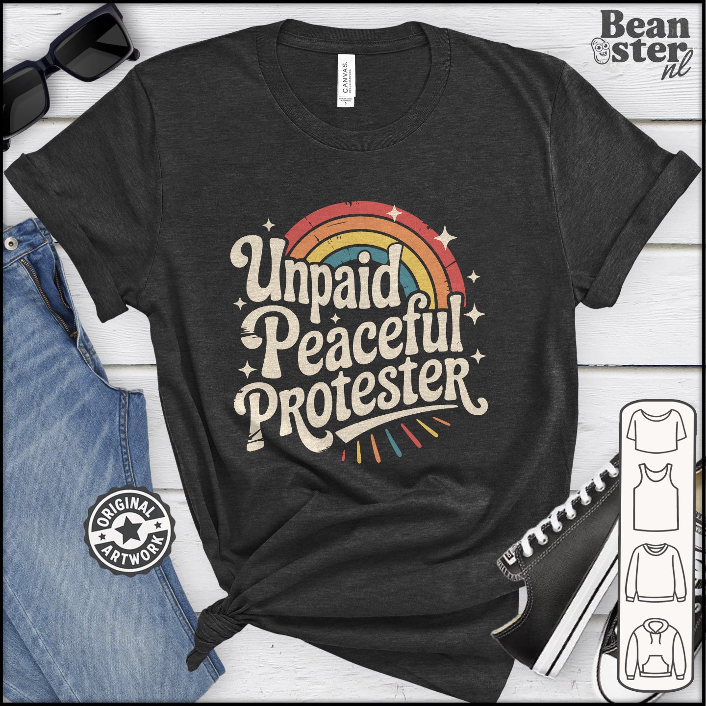 Unpaid Peaceful Protester graphic tee with retro rainbow design