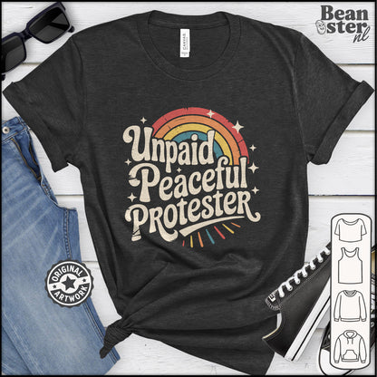Unpaid Peaceful Protester graphic tee with retro rainbow design