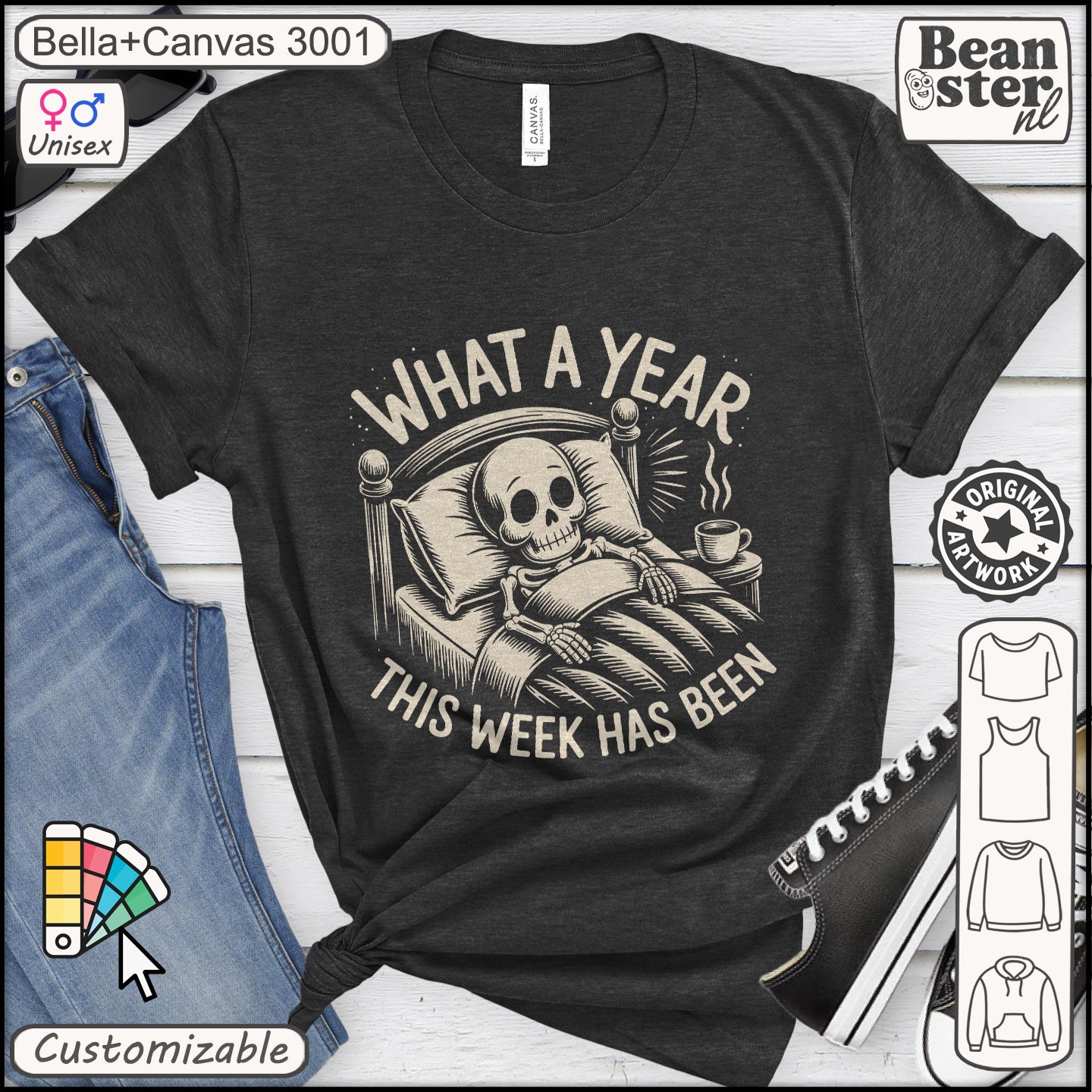 Black t-shirt with skeleton design and text 'What a year this week has been' on a white background.