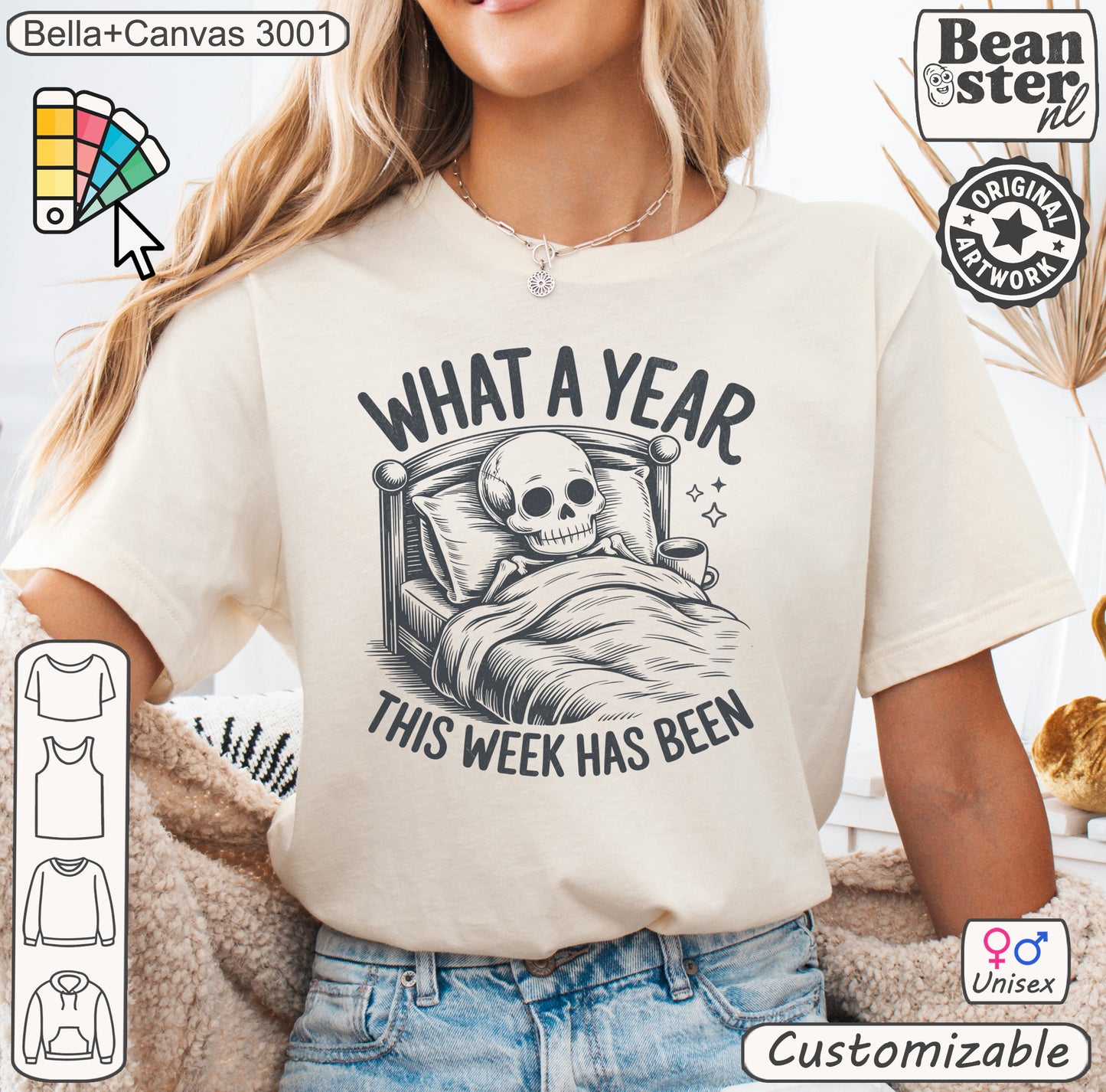 Skeleton graphic t-shirt with text “What A Week This Year Has Been” – dark humour, funny 2026 shirt