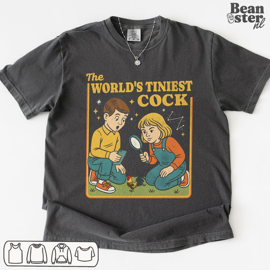 Funny graphic t-shirt with “The world’s tiniest cock” slogan design
